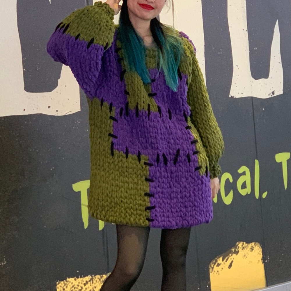 Purple Green Frankenstein Patchwork Chunky Chenille Knit Sweater Dress Halloween